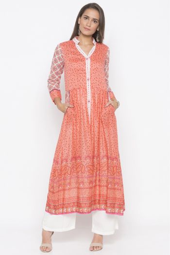 Plus Size Cotton Embroidery Kurta Set In Peach Colour - KR2710677