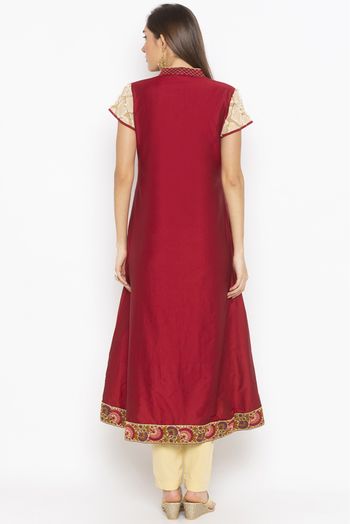 Plus Size Cotton Silk Embroidery Kurta Set In Maroon Colour