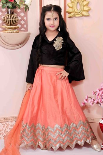 Orange & Baby Pink Dual Tone Pleated Top & Ruffle Lehenga With Knot Detail  Dupatta - Babeehive