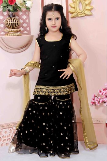 Cotton Silk Party Wear Sharara Suit In Black Colour