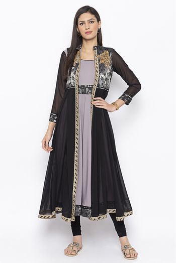 Plus Size Crepe Embroidery Kurta Set In Grey Colour - KR2710709