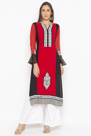 Plus Size Crepe Embroidery Kurta Set In Red Colour