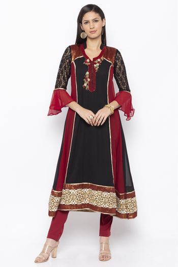 Plus Size Georgette Embroidery Kurta Set In Black Colour - KR2710641