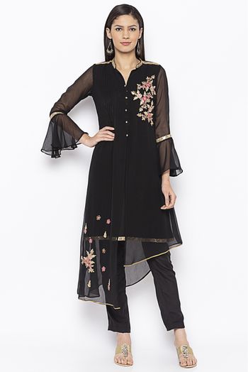 Plus Size Georgette Embroidery Kurta Set In Black Colour - KR2710665