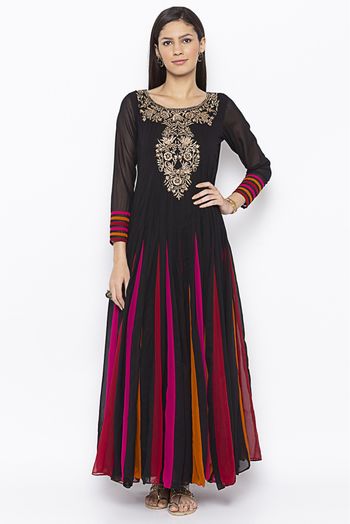 Plus Size Georgette Embroidery Kurta Set In Black Colour - KR2710697