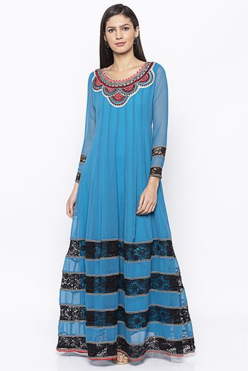 Plus Size Georgette Embroidery Kurta Set In Blue Colour - KR2710607