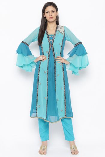 Plus Size Georgette Embroidery Kurta Set In Blue Colour - KR2710643