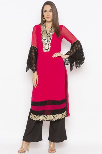 Plus Size Georgette Embroidery Kurta Set In Coral Colour