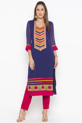 Plus Size Georgette Embroidery Kurta Set In Dark Blue  Colour