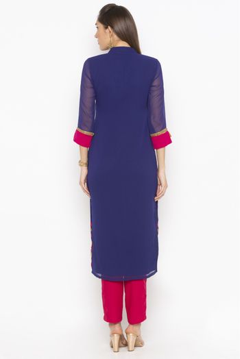 Plus Size Georgette Embroidery Kurta Set In Dark Blue  Colour