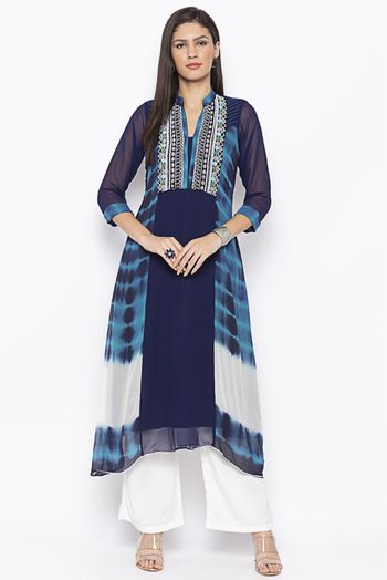 Plus Size Georgette Embroidery Kurta Set In Dark Blue Colour - KR2710624