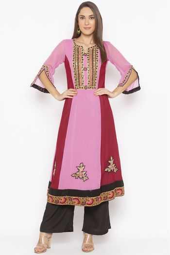 Plus Size Georgette Embroidery Kurta Set In Light Pink Colour