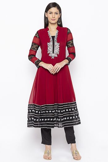 Plus Size Georgette Embroidery Kurta Set In Maroon Colour - KR2710646