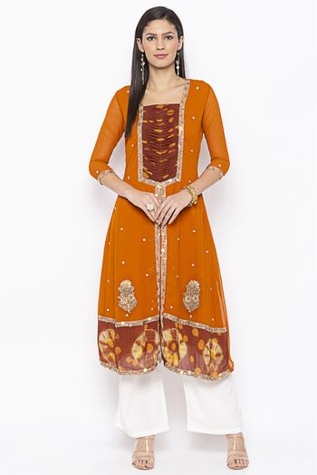 Plus Size Georgette Embroidery Kurta Set In Mustard Colour - KR2710622