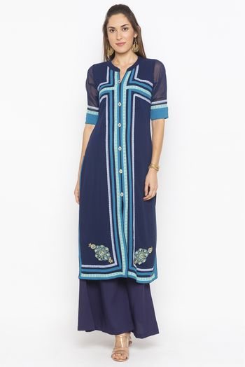 Plus Size Georgette Embroidery Kurta Set In Navy Blue Colour - KR2710660