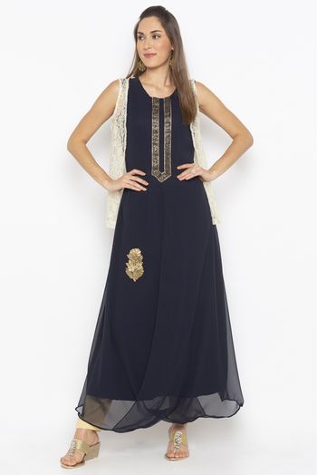 Plus Size Georgette Embroidery Kurta Set In Navy Blue Colour - KR2710700