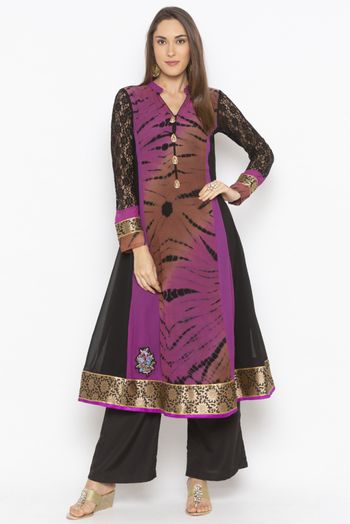 Plus Size Georgette Embroidery Kurta Set In Purple And Black Colour