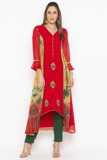 Plus Size Georgette Embroidery Kurta Set In Red Colour - KR2710612