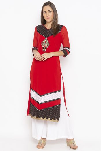 Plus Size Georgette Embroidery Kurta Set In Red Colour - KR2710633