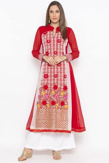 Plus Size Georgette Embroidery Kurta Set In Red Colour - KR2710648