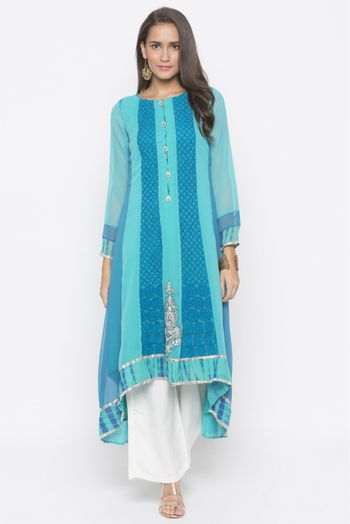 Plus Size Georgette Embroidery Kurta Set In Sea Green Colour