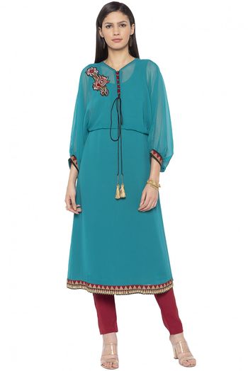 Plus Size Georgette Embroidery Kurta Set In Turquoise Blue Colour