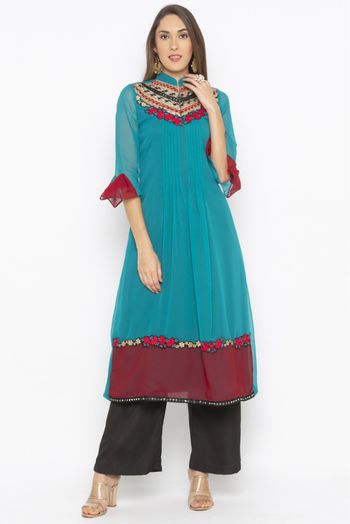 Plus Size Georgette Embroidery Kurta Set In Turquoise Green Colour - KR2710707