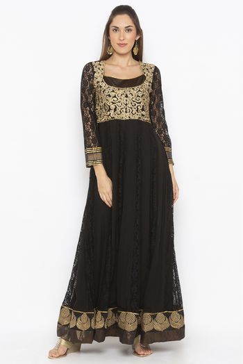 Plus Size Net Embroidery Kurta Set In Black Colour