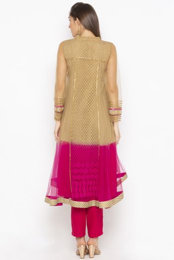 Plus Size Net Embroidery Kurta Set In Brown And Pink Colour