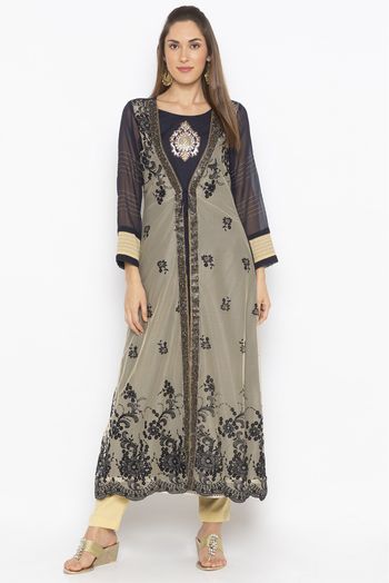 Plus Size Net Embroidery Kurta Set In Navy Blue Colour - KR2710691