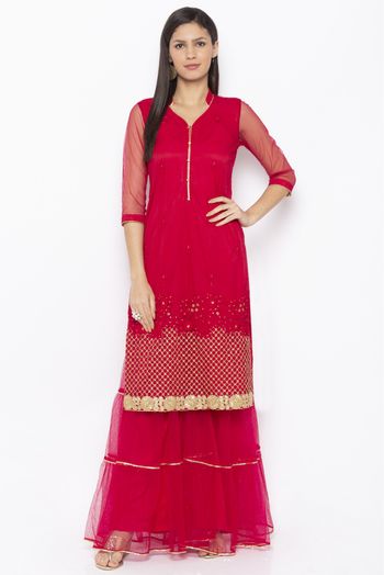 Plus Size Net Embroidery Kurta Set In Pink Colour - KR2710715