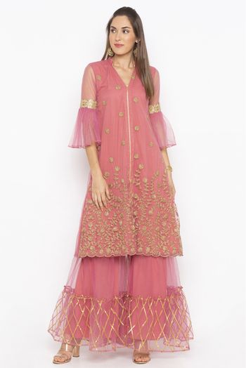 Plus Size Net Embroidery Kurti In Pink Colour - KR2710591