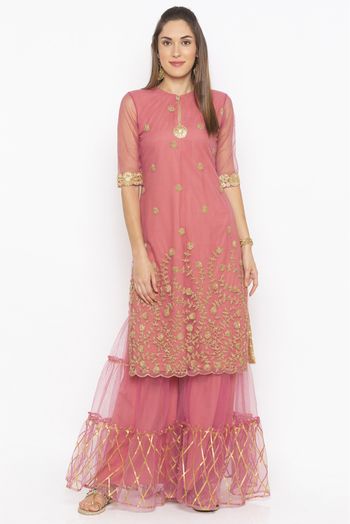 Plus Size Net Embroidery Kurti In Pink Colour - KR2710593