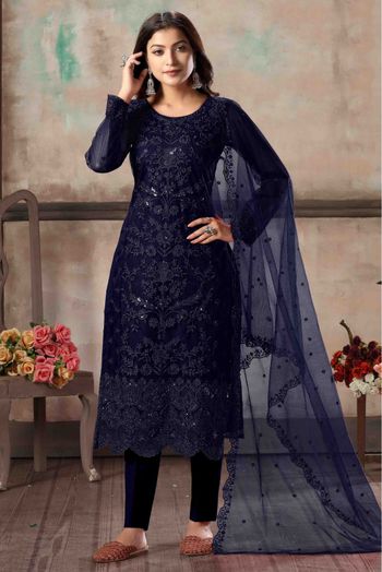 Net Embroidery Pant Style Suit In Blue Colour - SM1640541