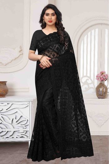 Net Embroidery Saree In Black Colour - SR4690299