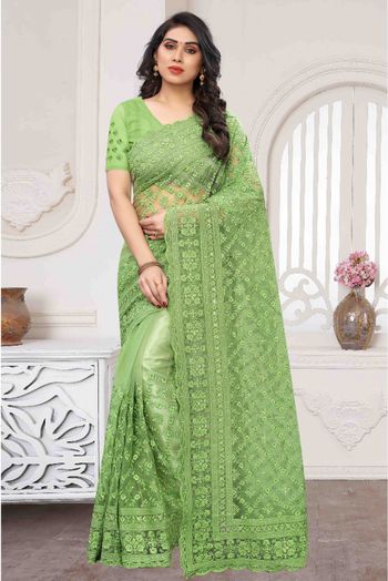 Net Embroidery Saree In Green Colour - SR4690304