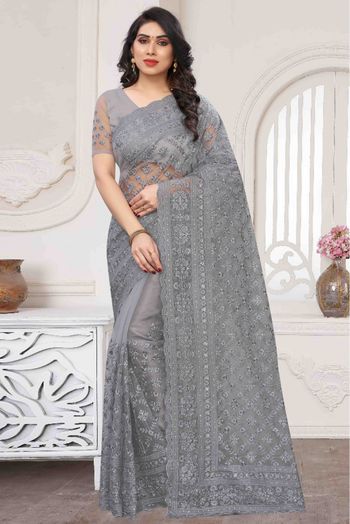 Net Embroidery Saree In Grey Colour - SR4690300