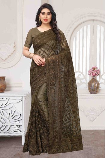 Net Embroidery Saree In Mehendi Green Colour