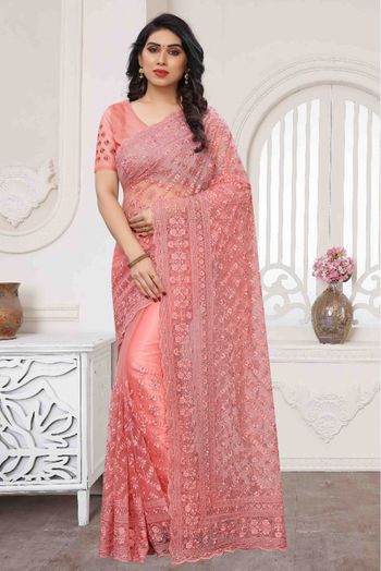 Net Embroidery Saree In Pink Colour - SR4690306