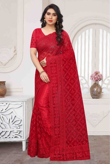 Net Embroidery Saree In Red Colour - SR4690298