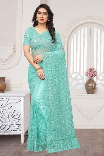 Net Embroidery Saree In Sky Blue Colour