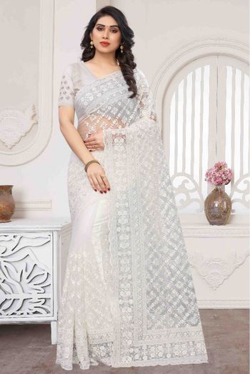 Net Embroidery Saree In White Colour - SR4690302
