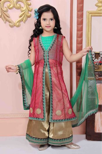 Net Party Wear Palazzo Pant Suit In Pink And Green Colour