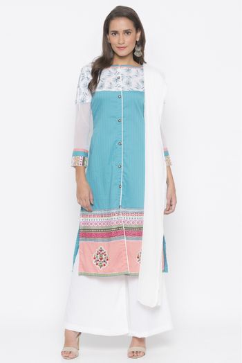 Plus Size Stitched Cotton Embroidery Palazzo Pant Suit In Blue Colour SS2710745