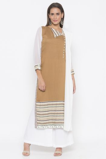 Plus Size Stitched Cotton Embroidery Palazzo Pant Suit In Brown Colour SS2710754