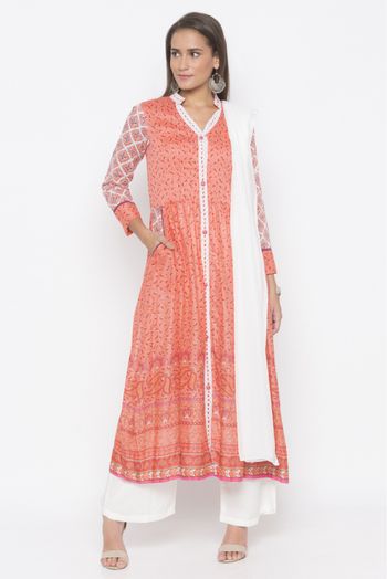 Plus Size Stitched Cotton Embroidery Palazzo Pant Suit In Peach Colour SS2710751