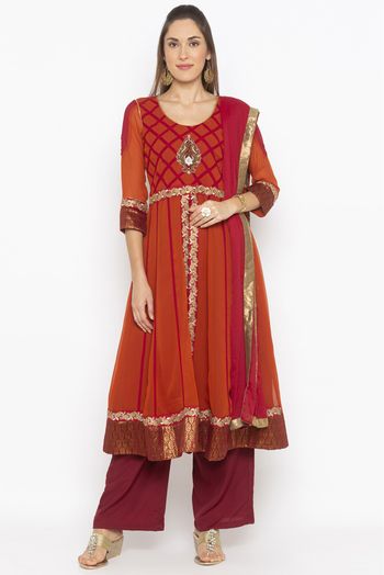 Plus Size Stitched Georgette Embroidery Palazzo Pant Suit In Rust Colour SS2710732