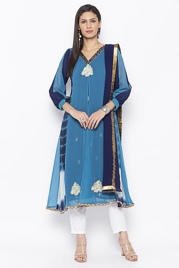 Plus Size Stitched Georgette Embroidery Pant Style Suit In Blue Colour SS2710718