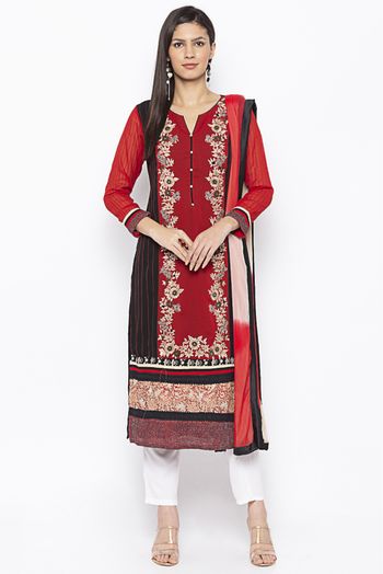 Plus Size Stitched Georgette Embroidery Pant Style Suit In Red Colour -  SS2710727