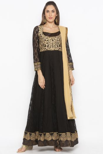 Plus Size Stitched Net Embroidery Anarkali Suit In Black Colour